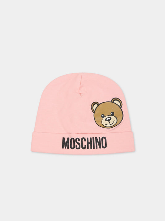Cappello rosa per neonata con Teddy Bear e logo,Moschino Kids,MUX04H LDA17 50209