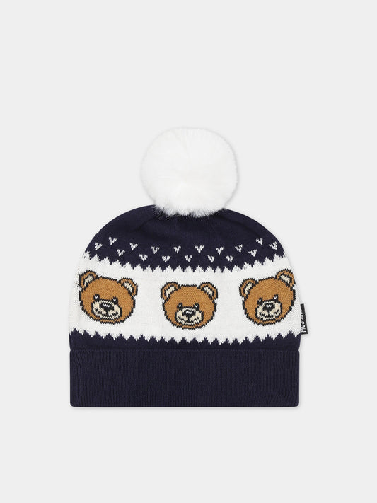 Cappello blu per neonati con Teddy Bears,Moschino Kids,MUX04F LHE43 40016