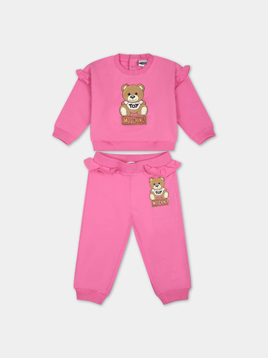 Completo fucsia per neonata con Teddy Bear e logo,Moschino Kids,MDK02K LDA16 52458