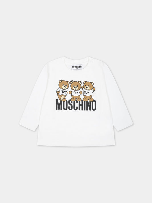 T-shirt bianca per neonati con Teddy Bears e logo,Moschino Kids,MZO00D LAA10 10101