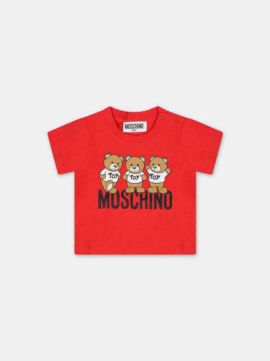 T-shirt rossa per neonati con Teddy Bears e logo,Moschino Kids,MUM03N LAA10 50109