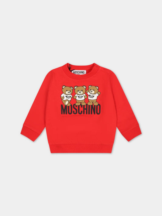 Felpa rossa per neonati con Teddy Bears e logo,Moschino Kids,MSF04Q LCA60 50109