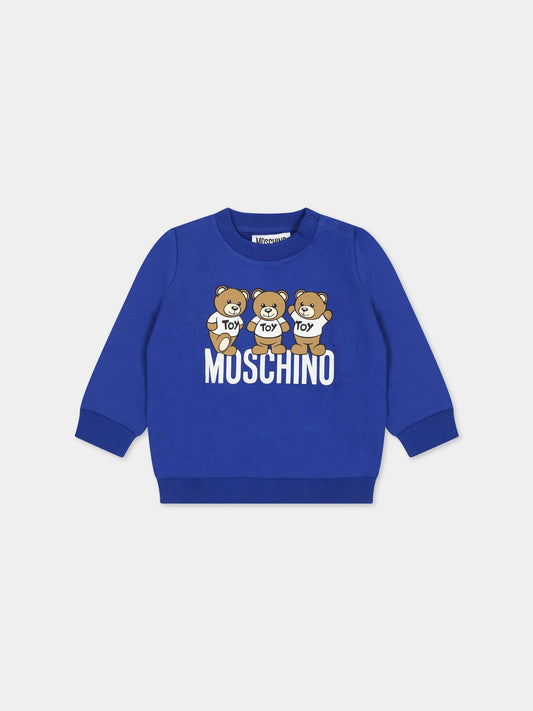 Felpa blu per neonato con Teddy Bears e logo,Moschino Kids,MSF04Q LCA60 40457
