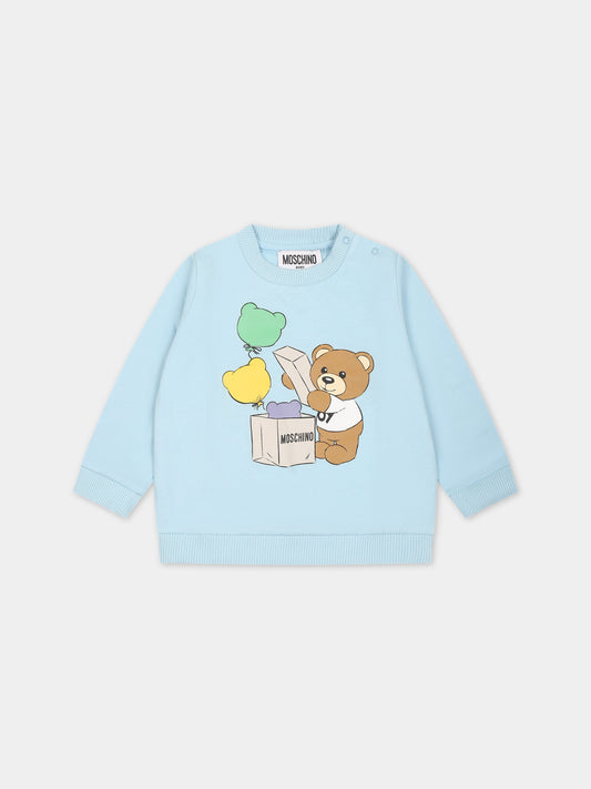 Felpa celeste per neonato con Teddy Bear e stampa,Moschino Kids,MRF04Q LCA40 40304