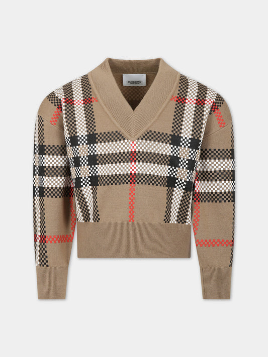 Maglione beige per bambina con iconico check vintage,Burberry Kids,8068391