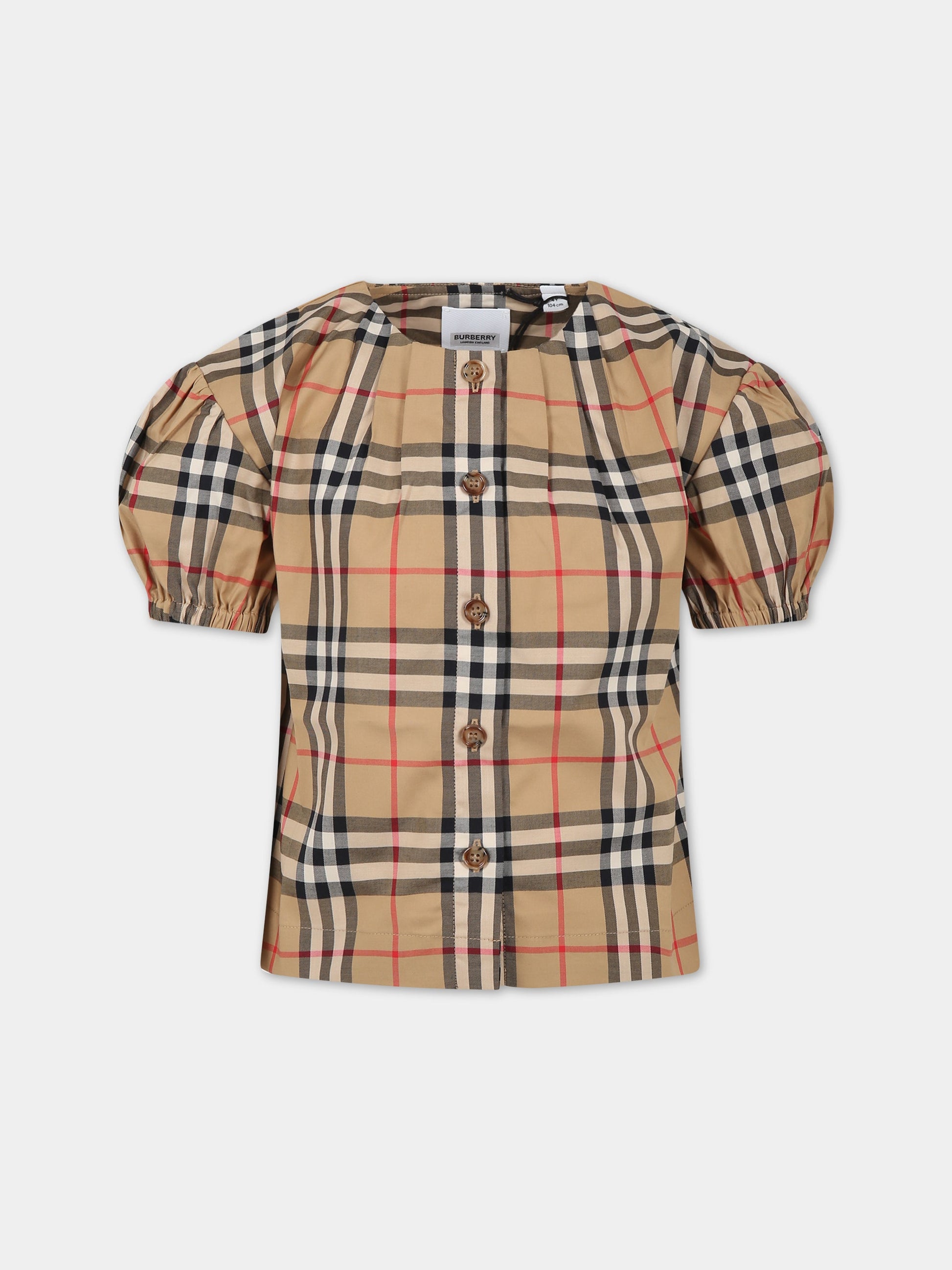 Camicia beige per bambina con iconico check vintage,Burberry Kids,8072346