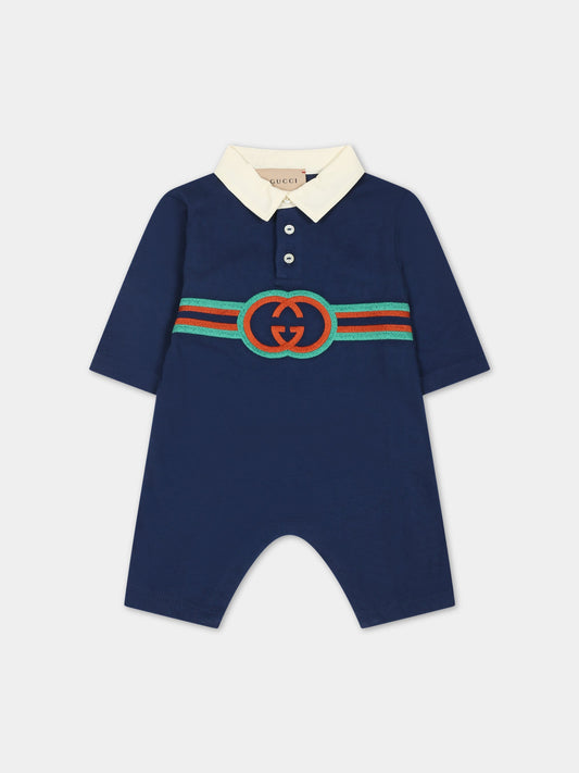 Tutina blu per neonato con incrocio GG,Gucci Kids,660754 XJFOW 4696