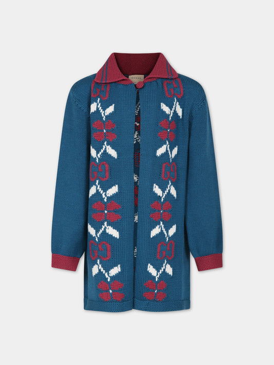Cardigan blu per bambina con ricamo logo,Gucci Kids,741470 XKDE5 4711