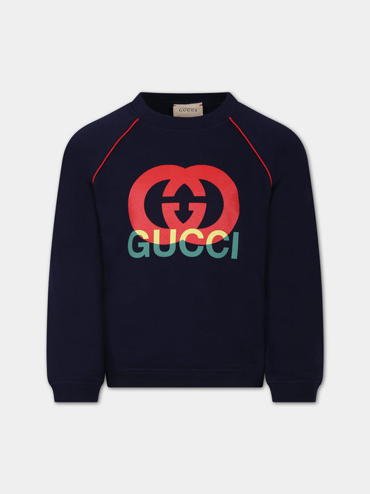Felpa blu per bambini con stampa logo,Gucci Kids,737610 XJFVS 4392