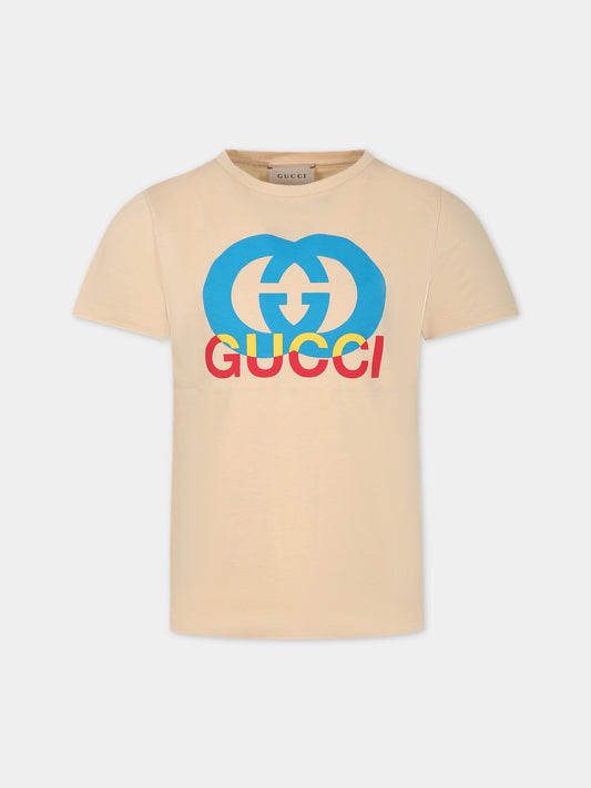 T-shirt avorio per bambini con stampa logo,Gucci Kids,547559 XJFMN 2361