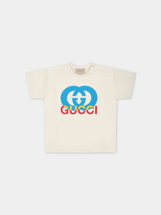 T-shirt avorio per neonati con incrocio GG,Gucci Kids,576871 XJFMX 9756