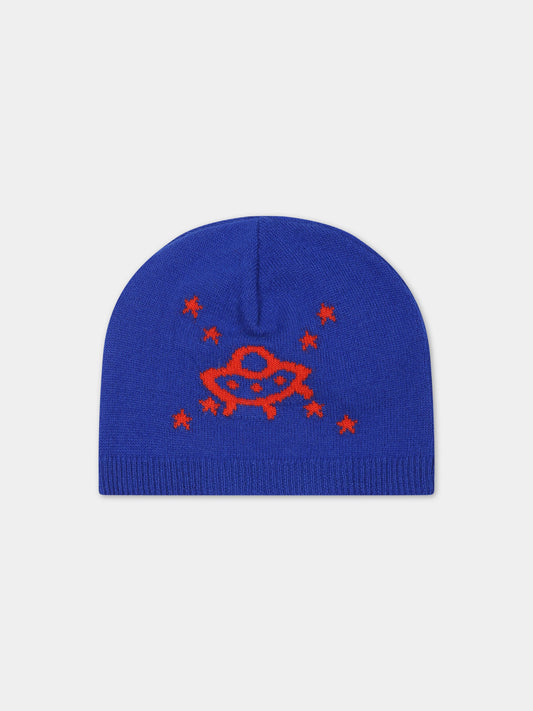 Berretto blu per neonato con incrocio GG e ufo,Gucci Kids,749513 3K206 4374