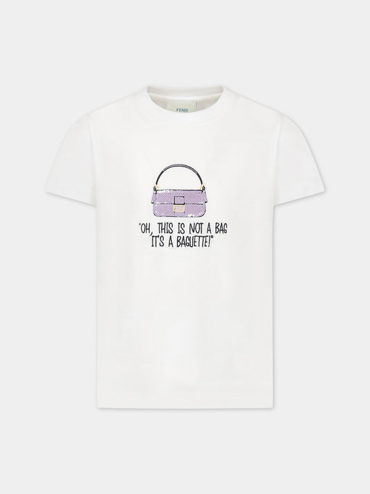 T-shirt bianca per bambina con doppia F e scritta,Fendi Kids,JFI294 7AJ F0TU9