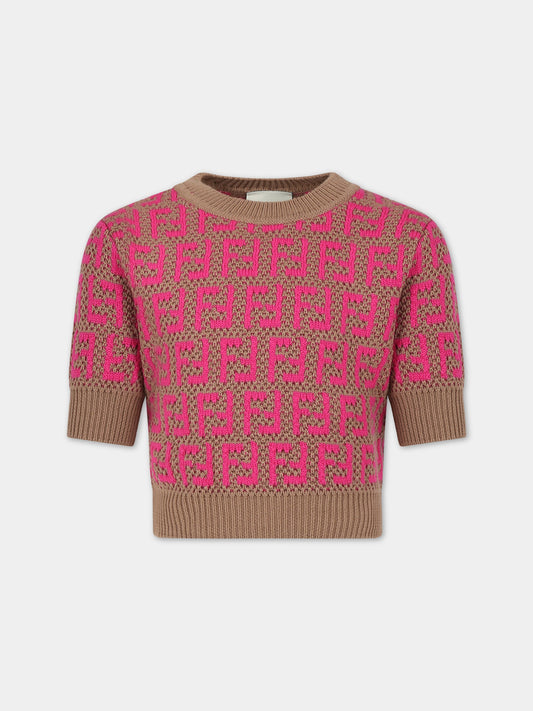 Maglione marrone per bambina con doppia FF,Fendi Kids,JFG134 AOBG F1M07