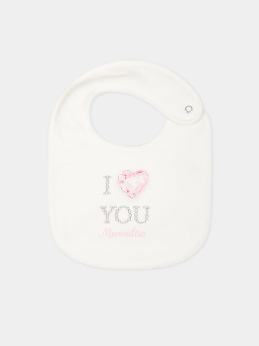 Bavaglino bianco per neonata con cuore e logo,Monnalisa,35B000 2004 0001