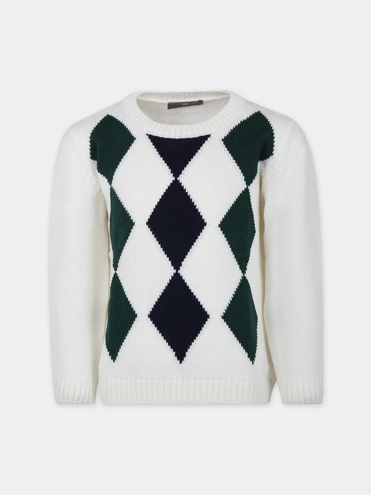 Maglione bianco per bambino con rombi,Little Bear,7154 LATTE