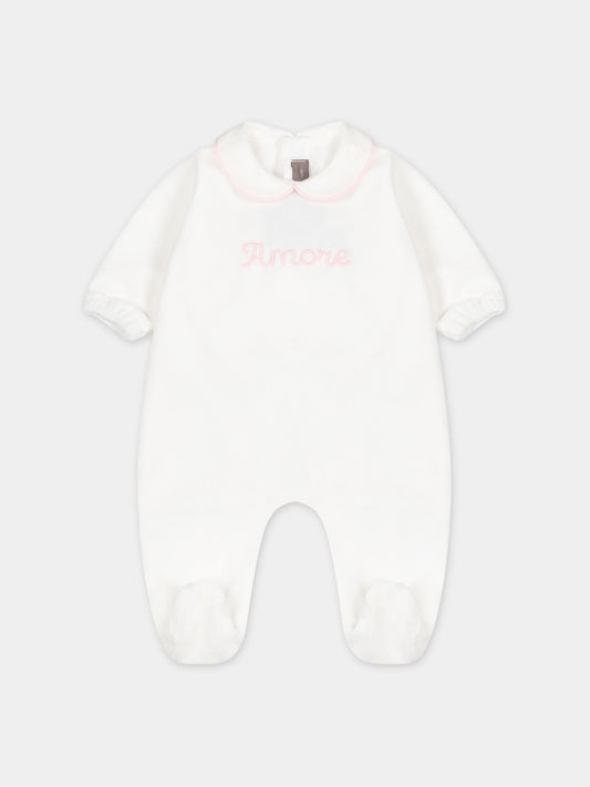 Tutina bianca per neonata con ricamo,Little Bear,7041 LATTE/ROSA