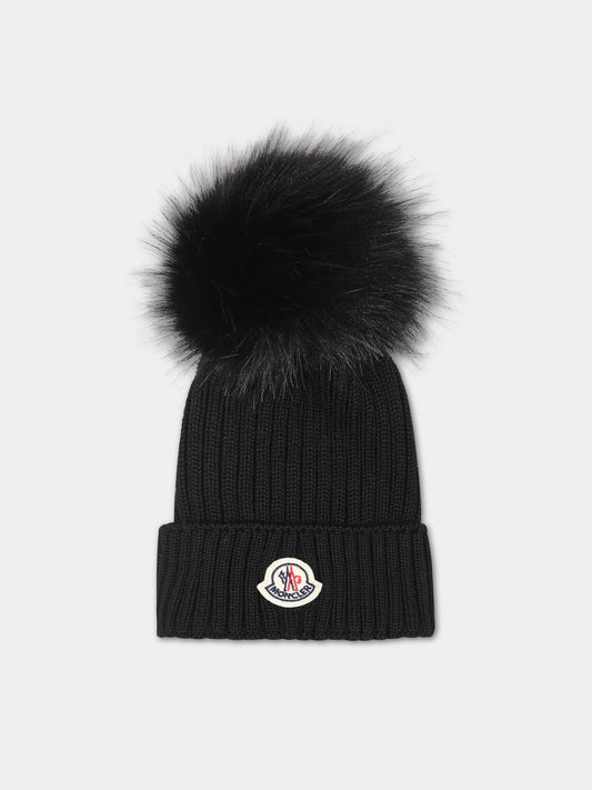 Berretto nero per bambina con logo,Moncler Kids,954 3B00018 04S01 999