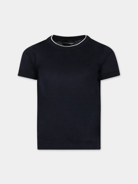 T-shirt blu per bambino con logo e aquilotto,Armani Junior,6R4T87 1JUVZ 09R3