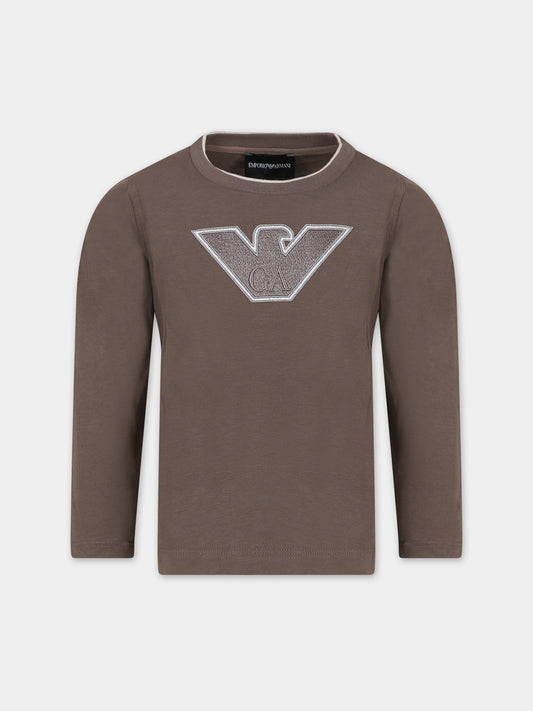 T-shirt marrone per bambino con aquilotto e logo,Armani Junior,6R4TJT 1JWZZ 0439