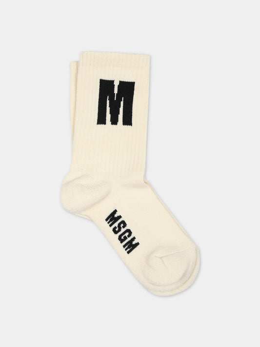 Calze avorio per bambini con logo,Msgm Kids,F3MSJUSO036 013