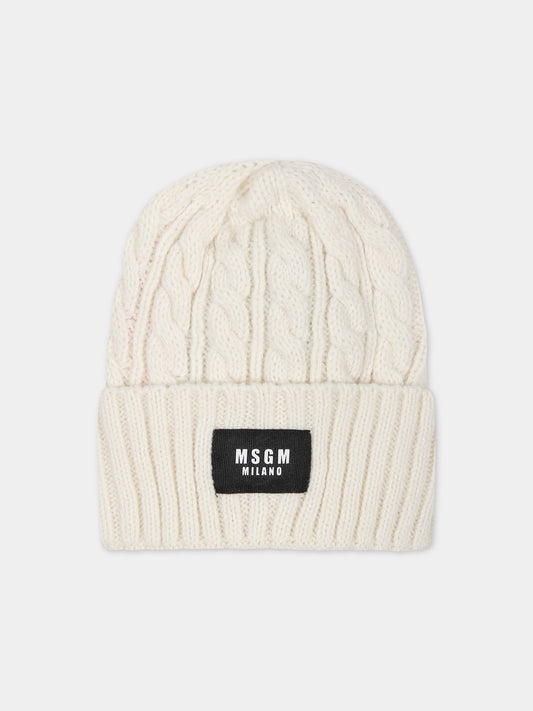 Berretto avorio per bambini con logo,Msgm Kids,F3MSJUHT057 013