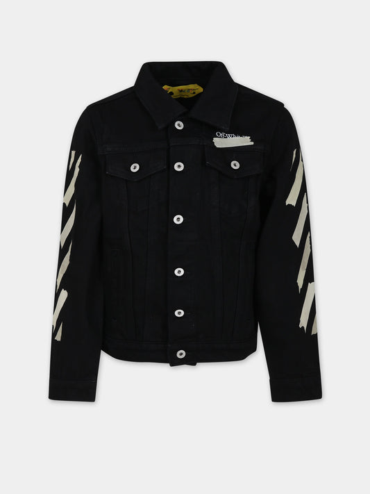 Giubboto denim di jeans nero per bambini con logo,Off White,OBYE001F23DEN0020701