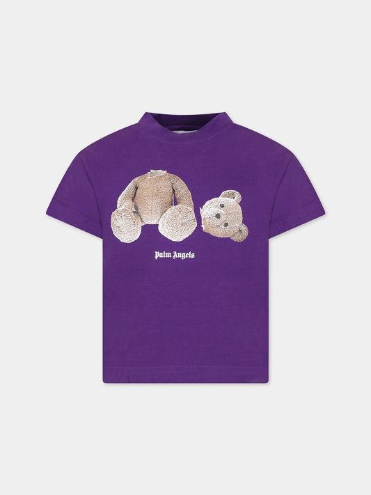 T-shirt viola per bambini con orso e logo,Palm Angels,PBAA003C99JER0013760