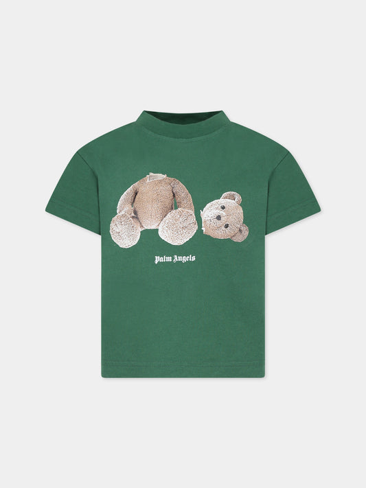 T-shirt verde per bambini con orso e logo,Palm Angels,PBAA003C99JER0015560