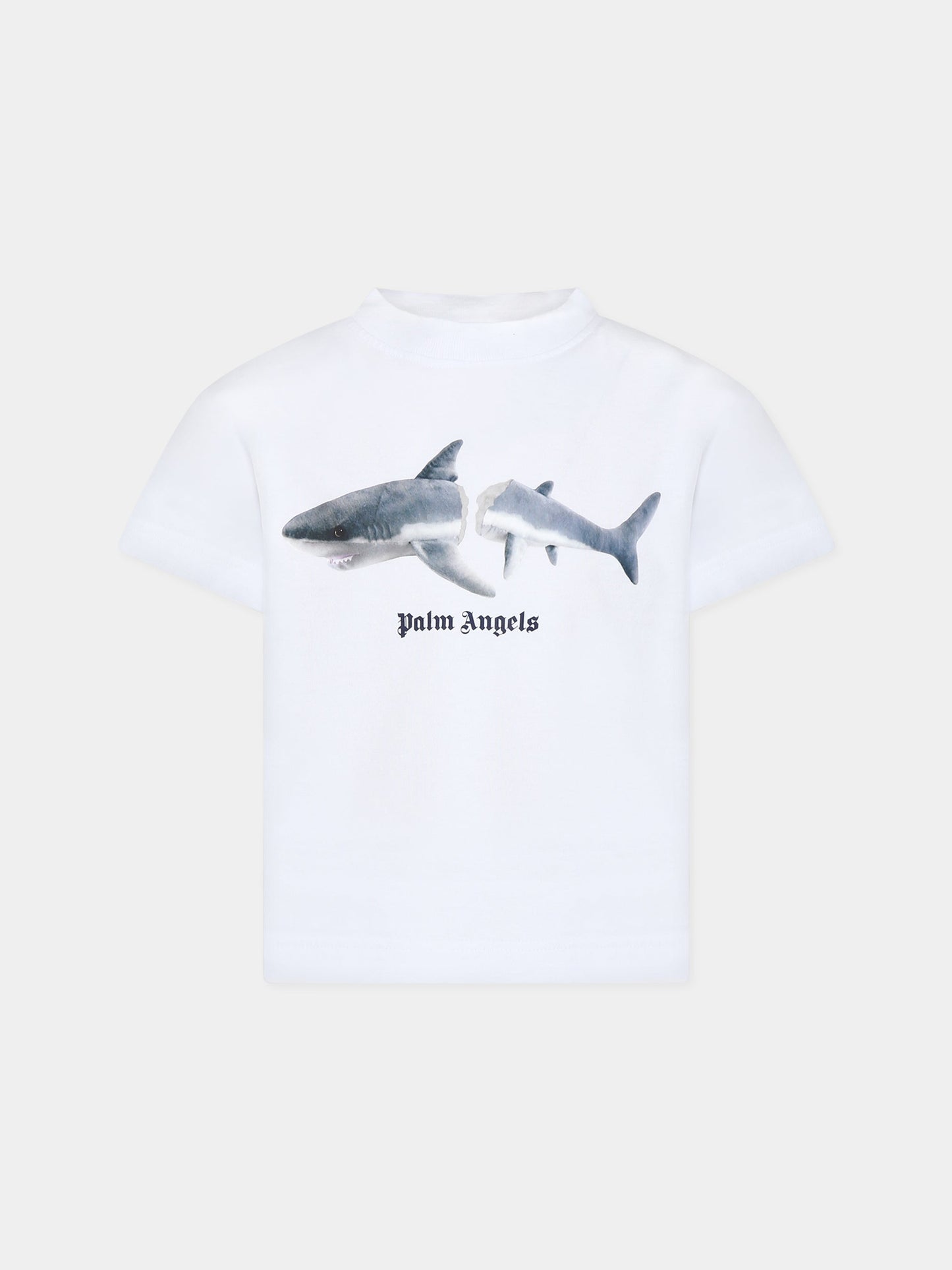 T-shirt bianca per bambino con squalo e logo,Palm Angels,PBAA003C99JER0030106