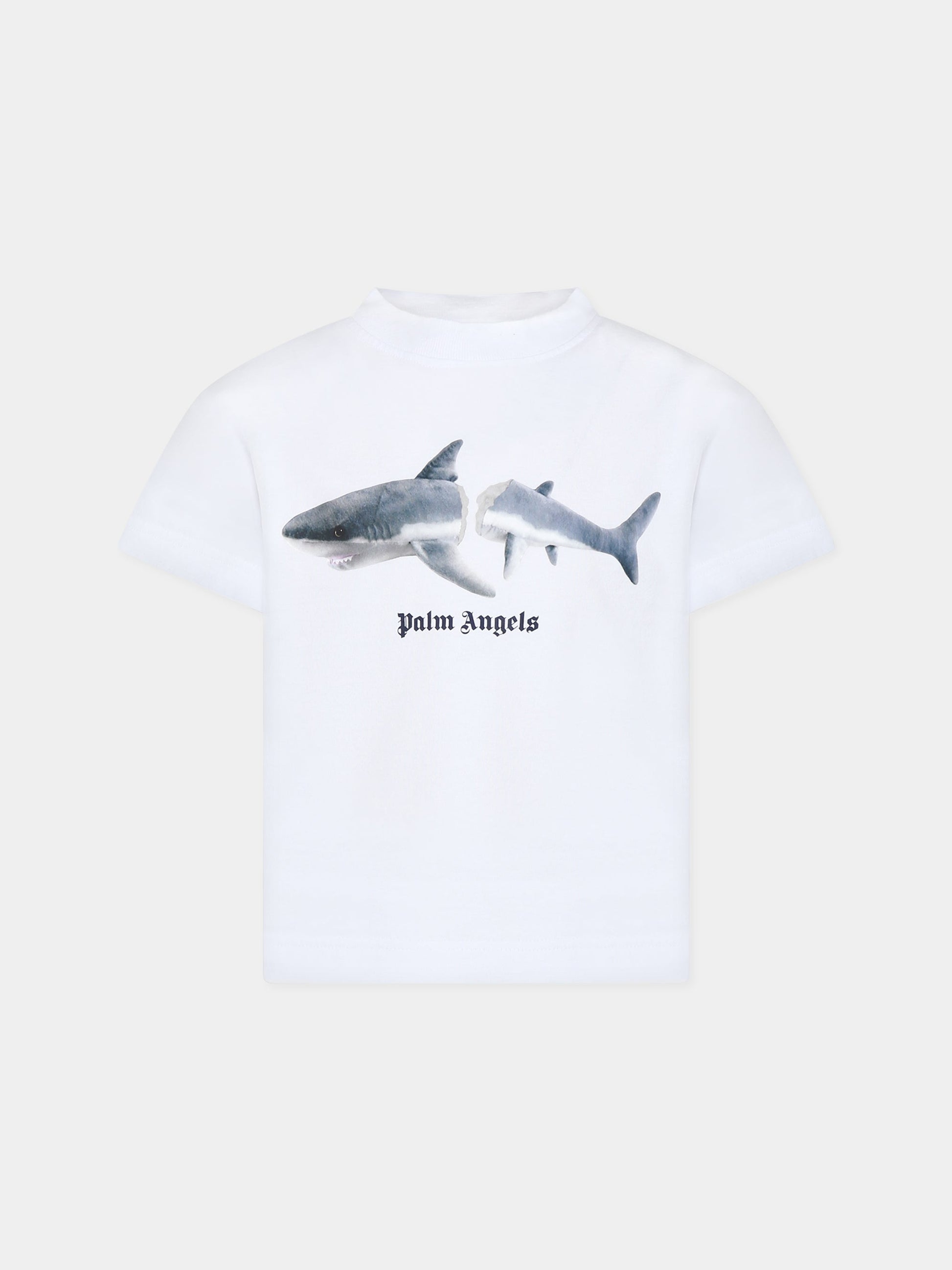 T-shirt bianca per bambino con squalo e logo,Palm Angels,PBAA003C99JER0030106