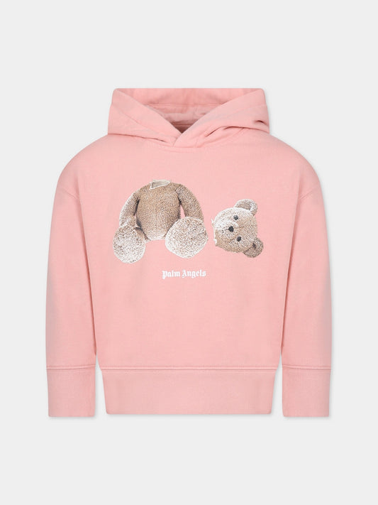 Felpa rosa per bambina con orso e logo,Palm Angels,PGBB001C99FLE0013060
