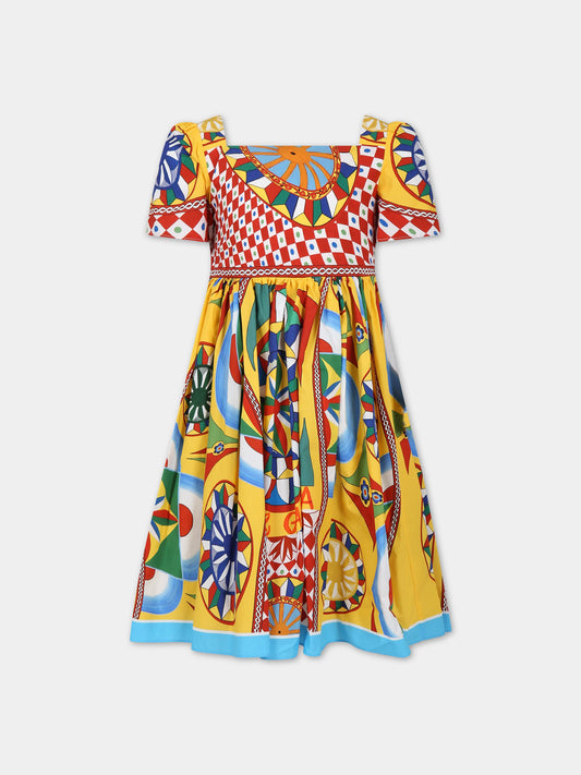 Vestito giallo per bambina con logo e stampa carretto,Dolce & Gabbana Kids,L53DF6 G7J9M HH4KV