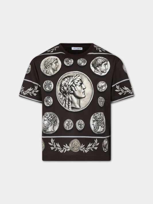 T-shirt marrone per bambino con stampa monete,Dolce & Gabbana Kids,L4JTEY G7J4I HM4RG