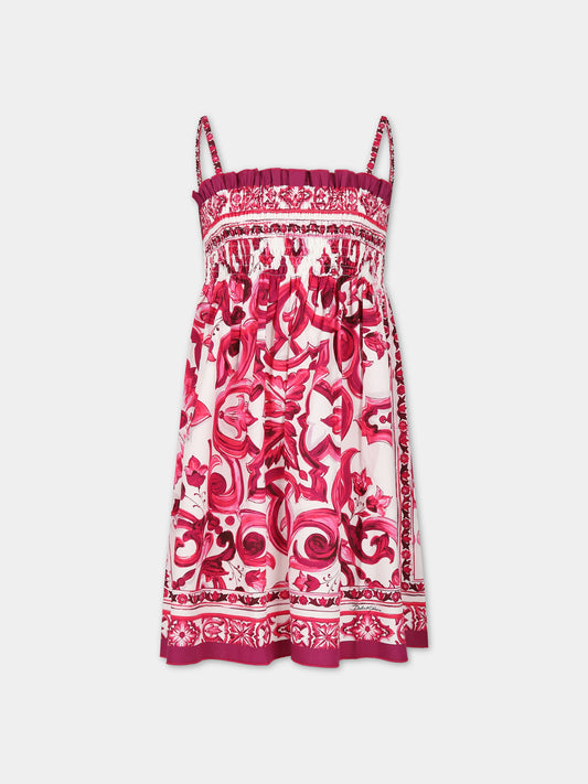 Vestito bianco per bambina con iconiche maioliche e logo,Dolce & Gabbana Kids,L53DM9 G7J6K HE3TN