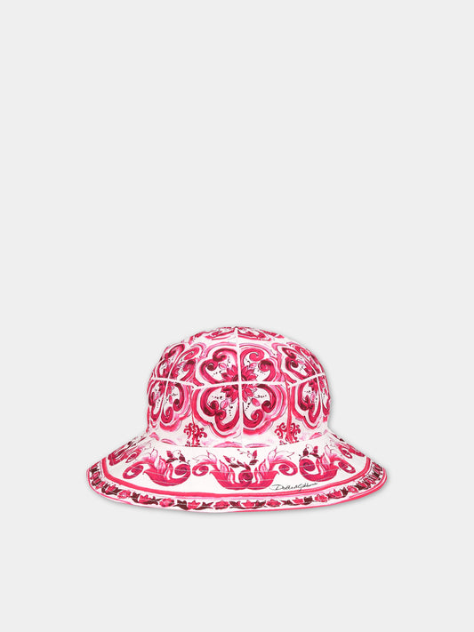 Cloche bianca per bambina con iconiche maioliche e logo,Dolce & Gabbana Kids,LB4H48 G7E1J HE3TN