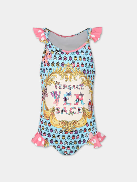 Costume celeste per bambina con pois e logo,Versace,1008180 1A08110 5P150