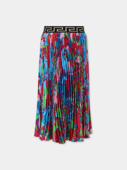 Gonna celeste per bambina con stampa floreale,Versace,1010140 1A08363 5V020
