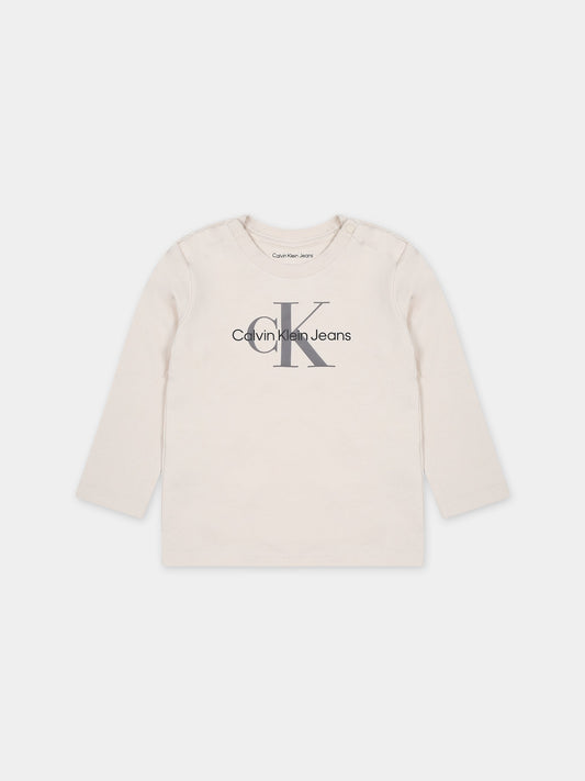 T-shirt avorio per neonati con logo,Calvin Klein Kids,23WMCKIN0IN00005 PGB