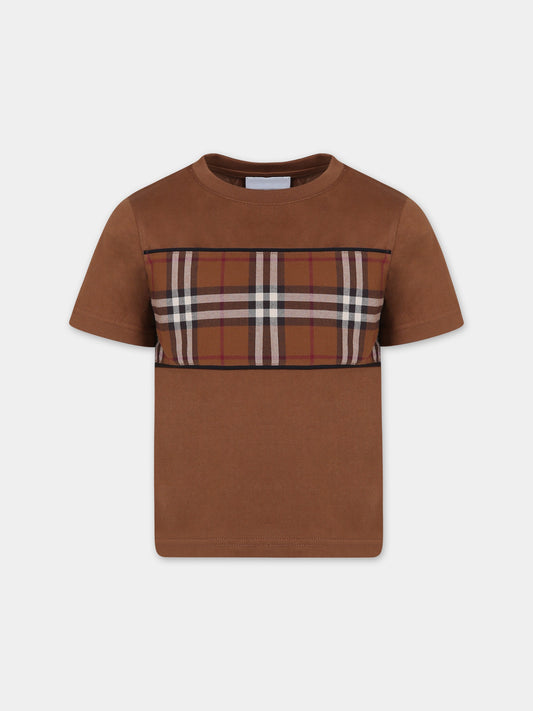 T-shirt marrone per bambino con iconico check,Burberry Kids,8070181