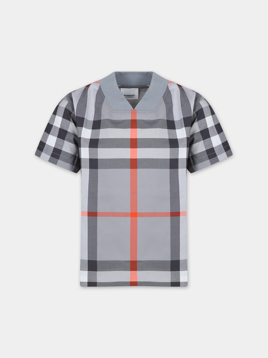 T-shirt a manica corta grigia per bambino con iconico check,Burberry Kids,8069330