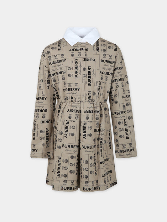 Vestito beige per bambina con stampa logo all-over,Burberry Kids,8069674