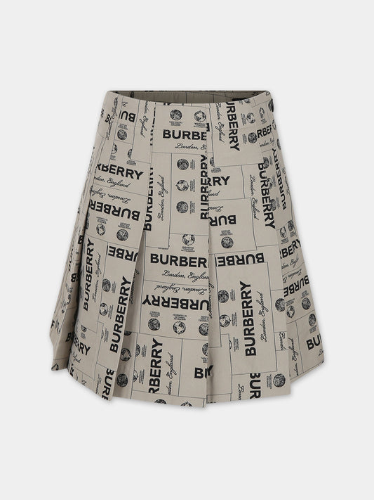 Gonna beige per bambina con stampa logo all-over,Burberry Kids,8069680