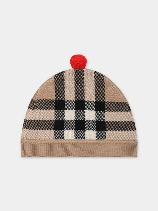 Berretto beige per neonato con check vintage,Burberry Kids,8068581