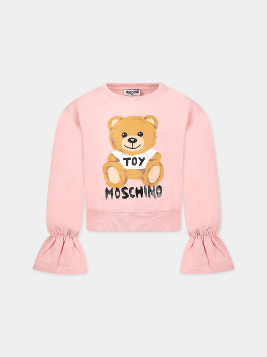 Felpa rosa per bambina con Teddy Bear e logo,Moschino Kids,HDF03T LDA16 50209