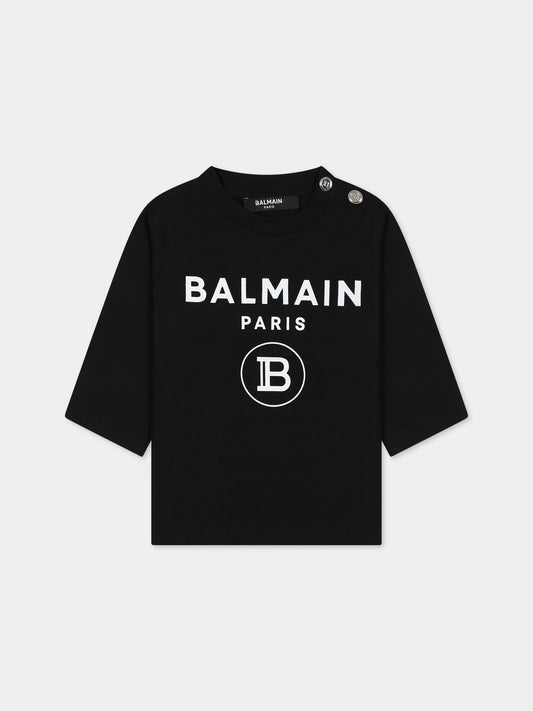 T-shirt nera per neonati con logo,Balmain Kids,6O8A20 OX390 930BC