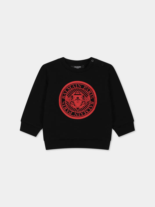 Felpa nera per neonato con logo rosso,Balmain Kids,6O4A20 OX370 930RO