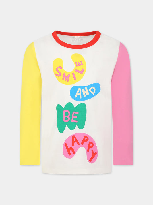 T-shirt bianca per bambina con scritta Smile and be happy,Stella Mccartney Kids,8R8A90 Z0434 101