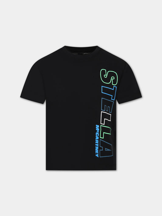 T-shirt nera per bambino con stampa logo,Stella Mccartney Kids,8R8O21 Z0434 930