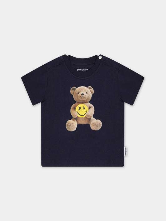 T-shirt blu per neonati con orso,Palm Angels,PBXB001F23JER0044615